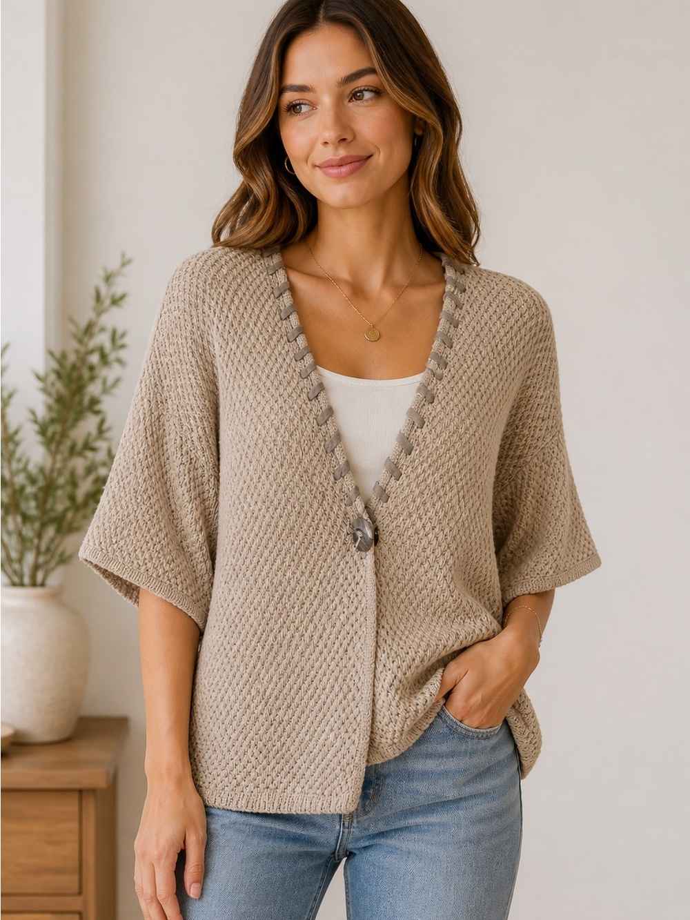 Ruby Rd. Woman Cream Textured Knit Top with Branded Tag